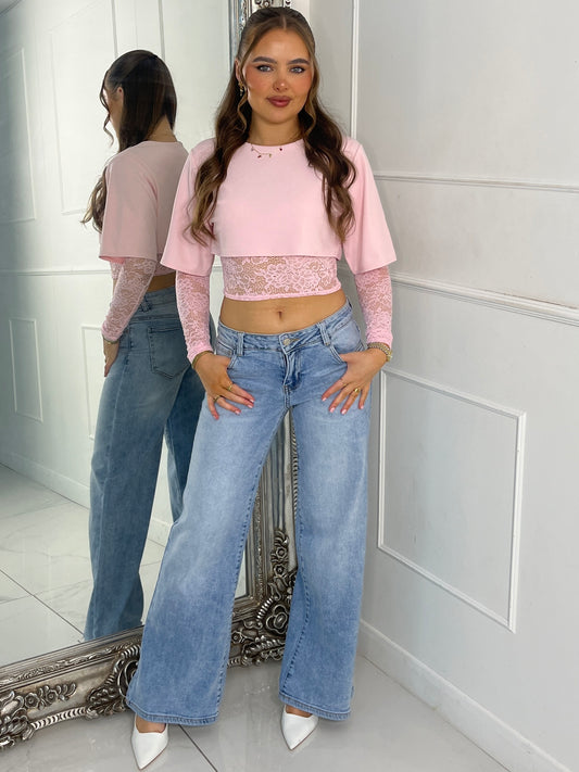 Round Neck Cropped Tee With Lace Bra Underlayer & Lace Sleeves - Baby Pink