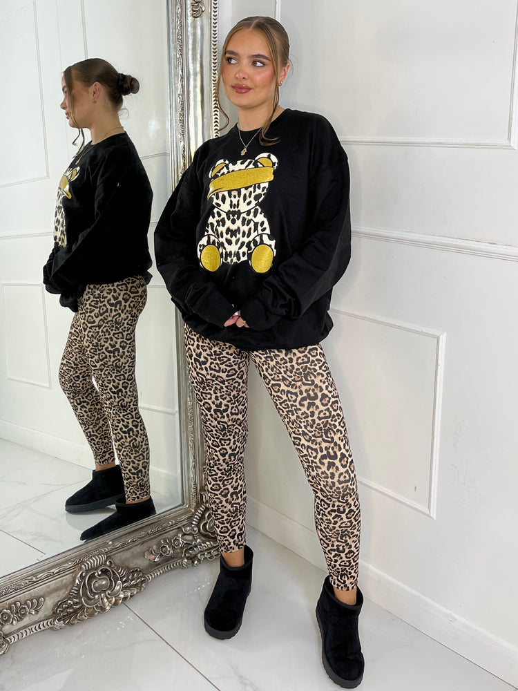 Leopard Print Teddy Oversized Sweatshirt - Black