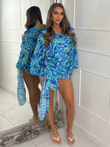 Printed Shirt Dress with Wrap Skirt - Blue/Green Print