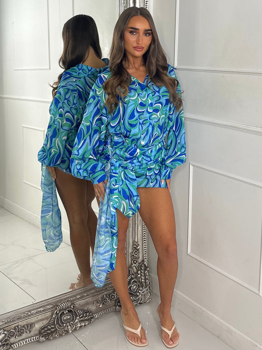 Printed Shirt Dress with Wrap Skirt - Blue/Green Print