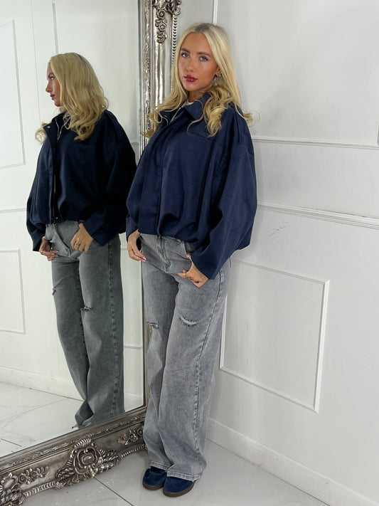Suede Collared Oversized Bomber Jacket - Navy
