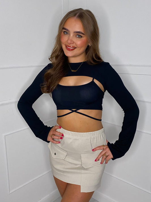 Two Piece Cut Out Crop Top - Black