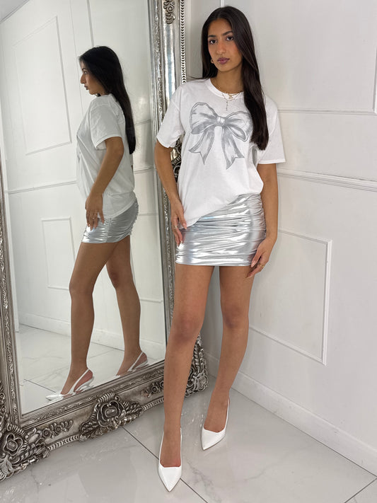 Silver Glitter Bow Oversized T-Shirt - White