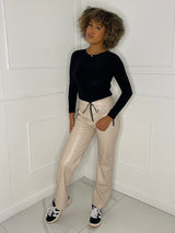 Zip Detail Leather Look Trousers - Cream