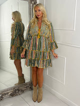 Embellished Tassle Detail Long Sleeve Boho Dress - Green Multi