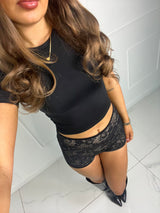 PRE ORDER : Black Lace Low Waisted Shorts With Beige Mesh Underlayer