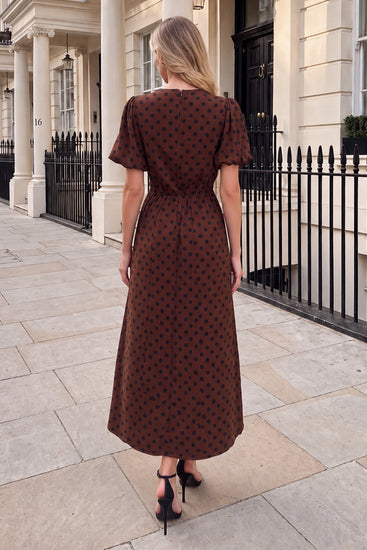 Chocolate And Black Polka Dot Puff Sleeve Midi Dress