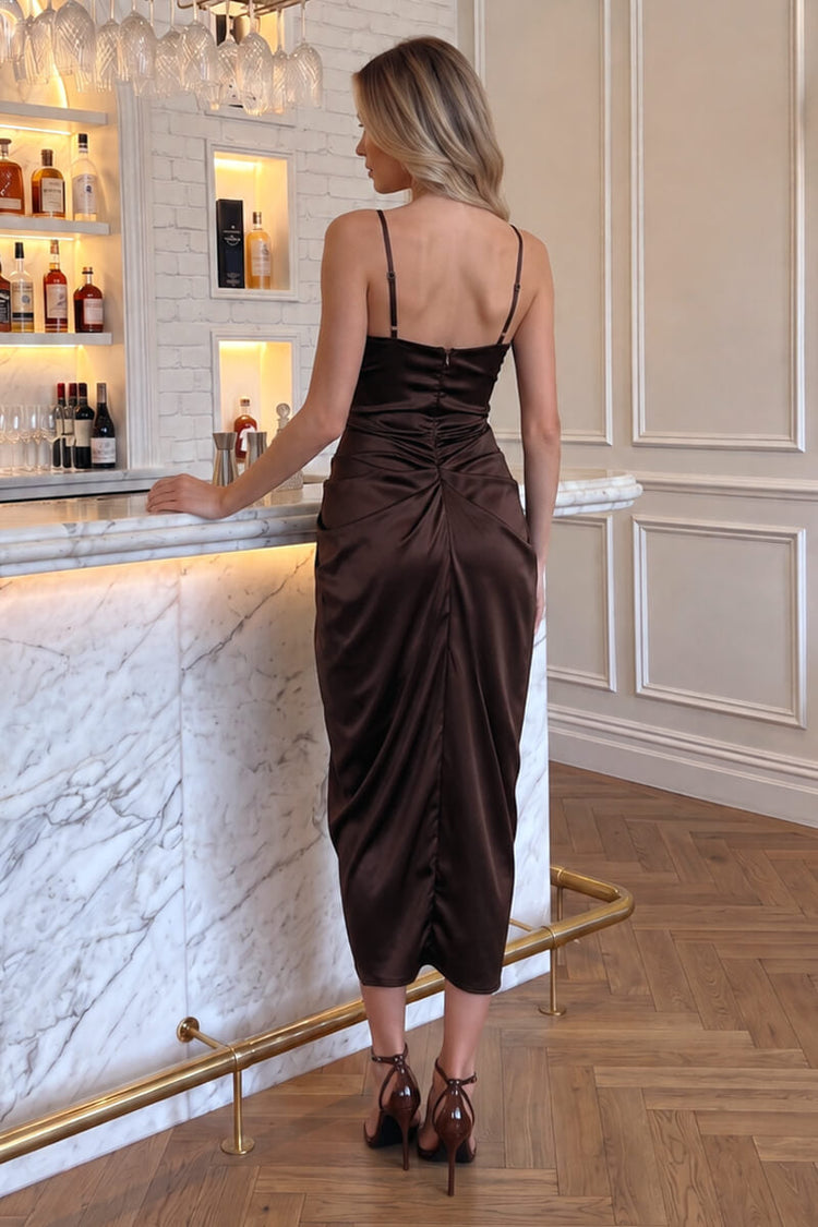 Chocolate Strappy Cowl Neck Gathered Skirt Midi Dress