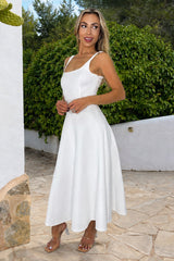 Cream Square Neck A-line Midi Dress