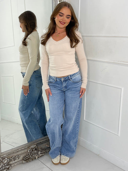 V Neck Long Sleeve Soft Touch Top - Cream