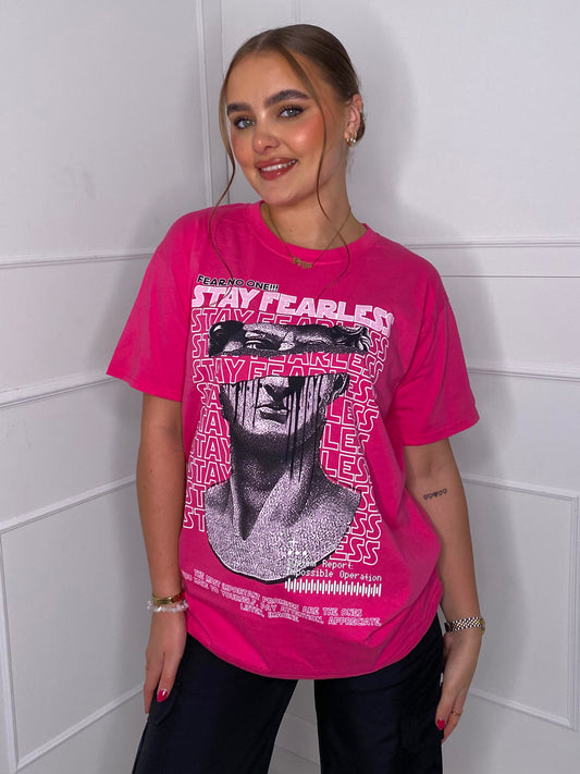 Fearless Statue Print  T-shirt- Hot Pink