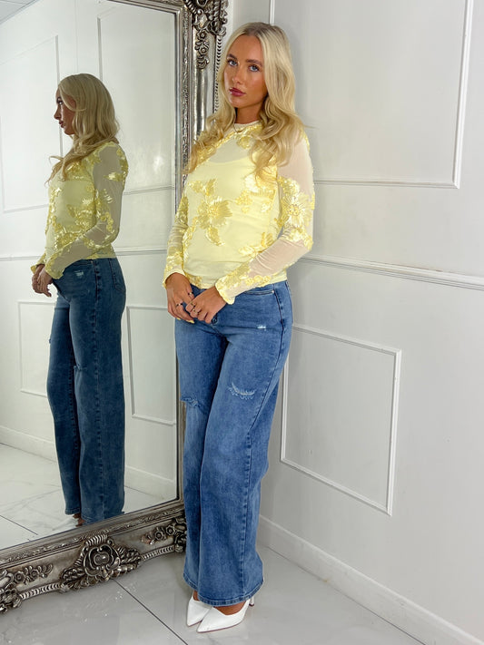 3D Flower Textured Mesh Long Sleeve Top - Yellow