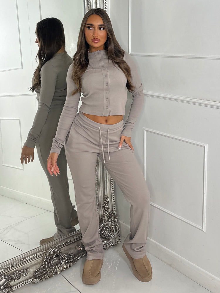 Ribbed Long Sleeve Button Up Top & Pants Co-Ord - Dove Grey