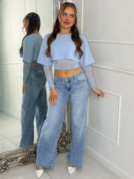 Round Neck Cropped Tee With Lace Bra Underlayer & Lace Sleeves - Baby Blue