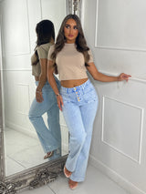 High Waist Pocket Front Jewelled Button Acid Wash Jeans - Light Denim