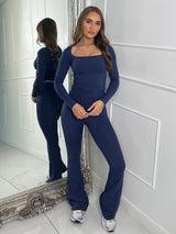 Square Neck Long Sleeve Top & Sculpt Ruched Bum Flares Co-ord - Navy