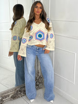 Flare sleeve V Neck Crochet Top - Beige/Multi Five