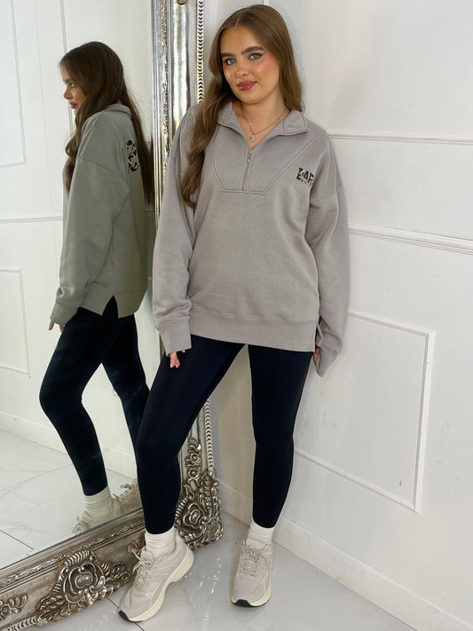 Paradise Leopard Print Half Zip Sweatshirt - Grey