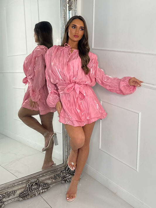 Pleated Belt Detail Chiffon Shirt Dress - Pink