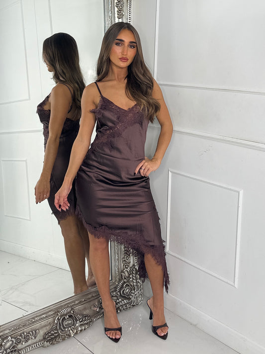 Long Asymmetric Satin Dress With Lace Trim Detail - Brown