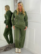 Straight Leg Trousers & Sinch Waist Detail Hoodie Co Ord - Khaki