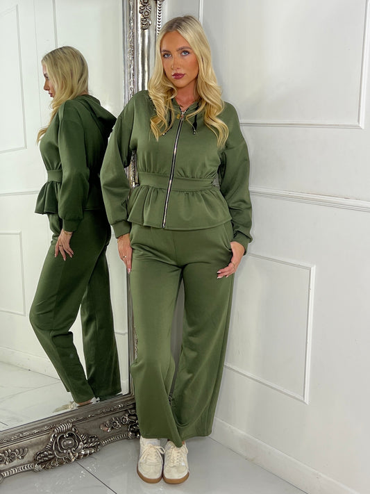 Straight Leg Trousers & Sinch Waist Detail Hoodie Co Ord - Khaki