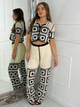 Patterned Crochet Skirt & Flared Pants Co ord - Beige / Black