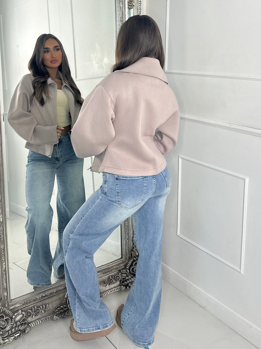 Zip Up Oversized Collar Jacket - Dove Grey