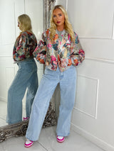 3D Floral Parrot Print Bomber Jacket - Multicoloured