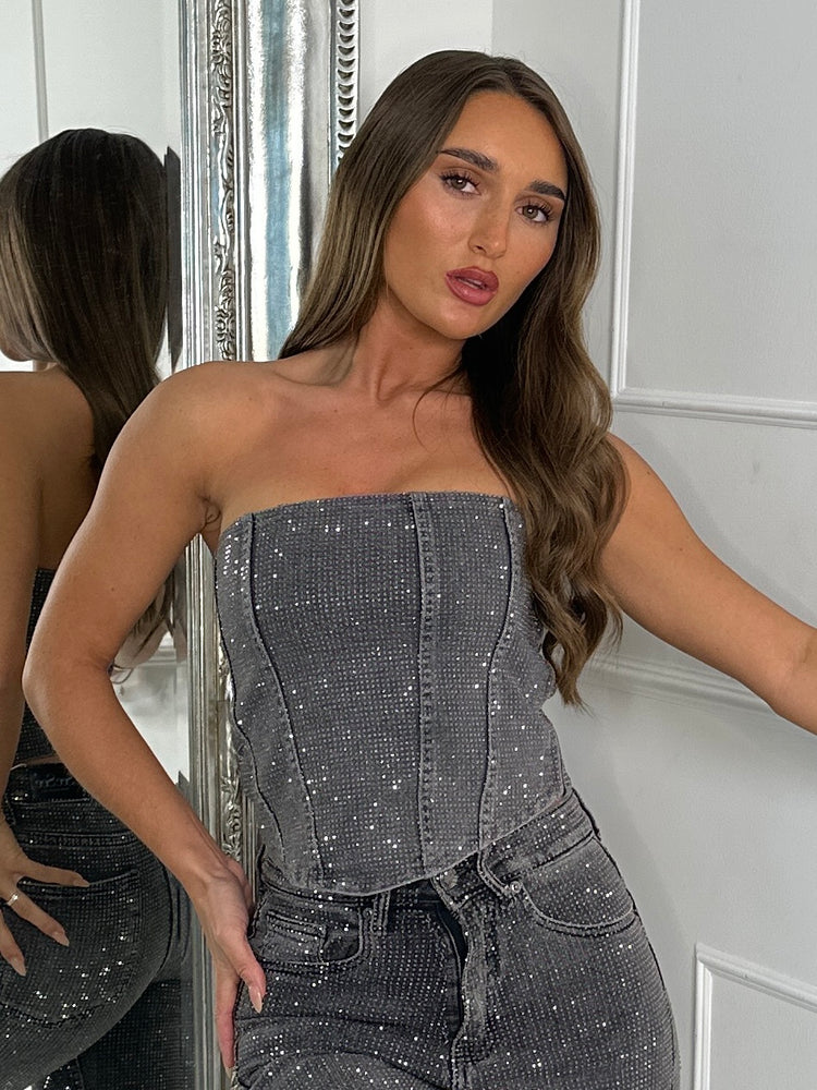 Diamante Corset Top - Grey Denim