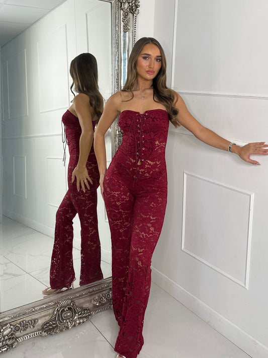 Lace Up Detail Jumpsuit - Wine