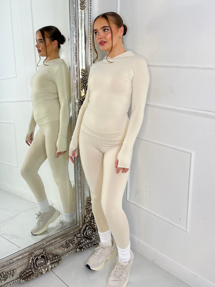 Long Sleeve Second Skin Hooded Top and Leggings Co-Ord - Beige