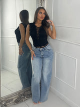 Sleeveless Mesh V Lace Bodysuit - Black