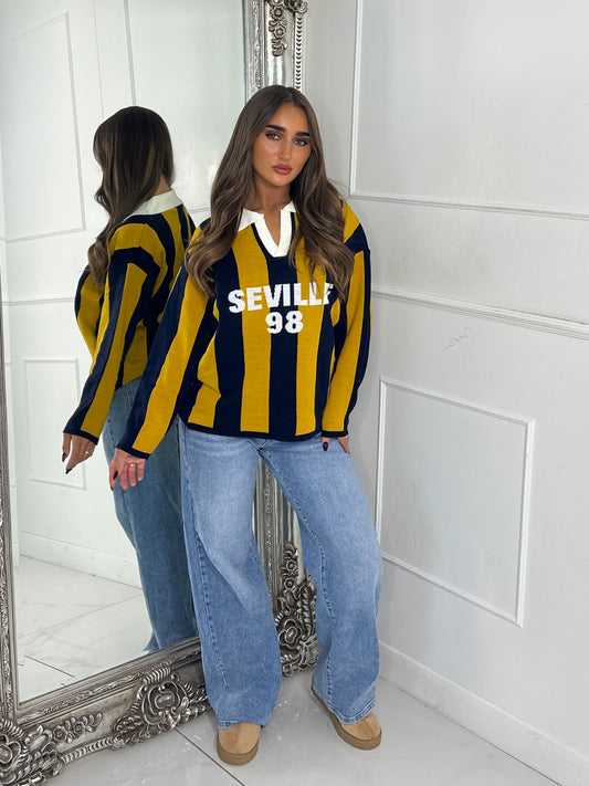 ‘Seville 98’ Striped Varsity Jumper - Yellow/Navy
