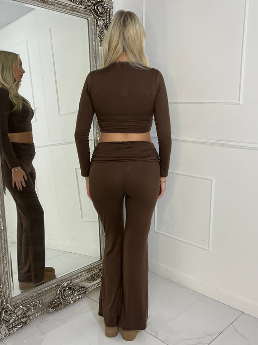 Long Sleeve Top & Fold Over Flared Co-ord - Brown