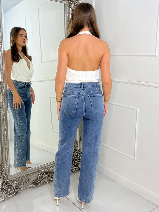 Scattered Side Diamante Wide Leg Jeans - Blue Denim