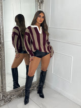 ‘Seville 98’ Striped Varsity Jumper - Wine/Beige