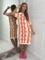 Multi Coloured Collar Detail Crochet Dress - White/Pink/Yellow