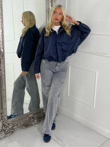 Suede Collared Oversized Bomber Jacket - Navy