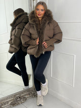 hooded puffer coat with faux fur trim - Brown