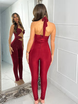 Halter Neck & Gold Twist Detail Jumpsuit - Wine