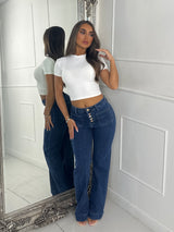 High Waist Pocket Front Jewelled Button Jeans - Dark Denim