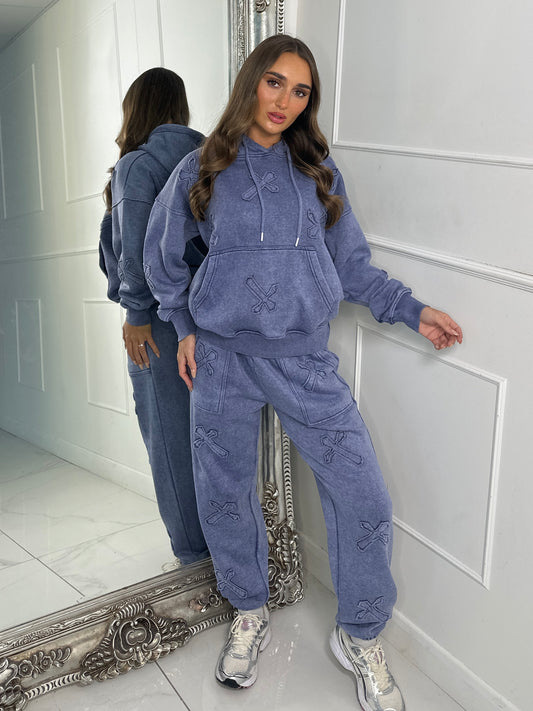 Embroidered Cross Hoodie & Joggers Set -Acid Blue