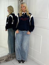 Varsity Slogan Detail Rugby Style Top - Navy/Multi