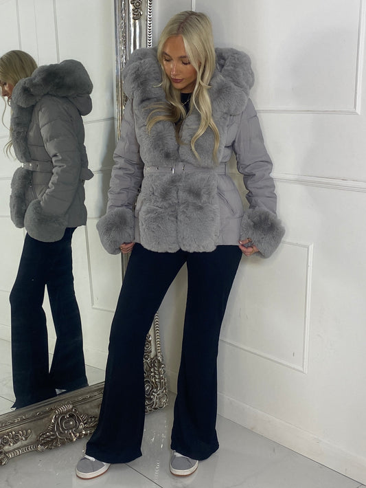 Padded Faux Fur Contrast Belted Jacket - Grey