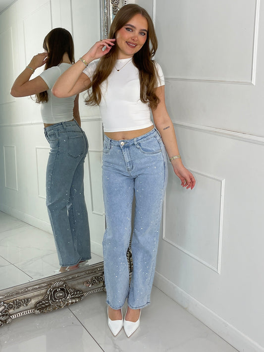 Criss Cross Diamante Denim Jeans - Light Wash
