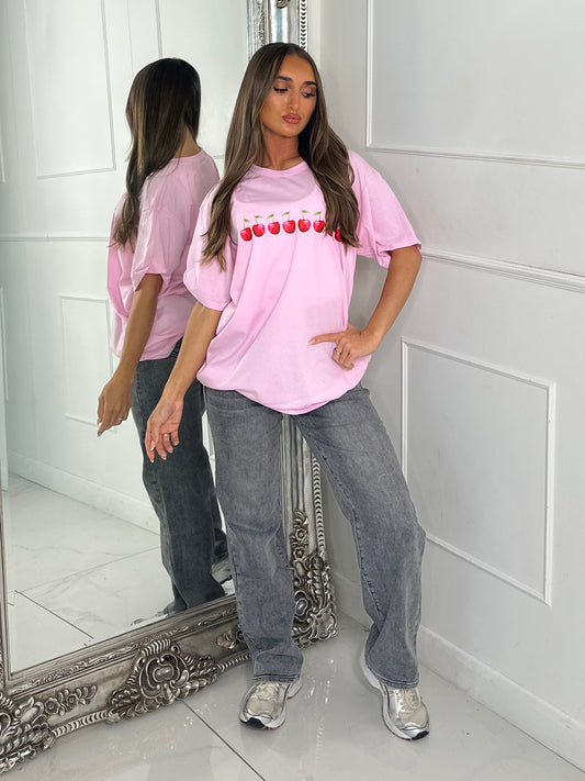 8 Cherries Print Tee - Baby Pink
