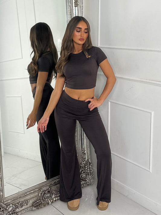 Heart Detail Crop Top & Wide Leg Pants Set - Brown
