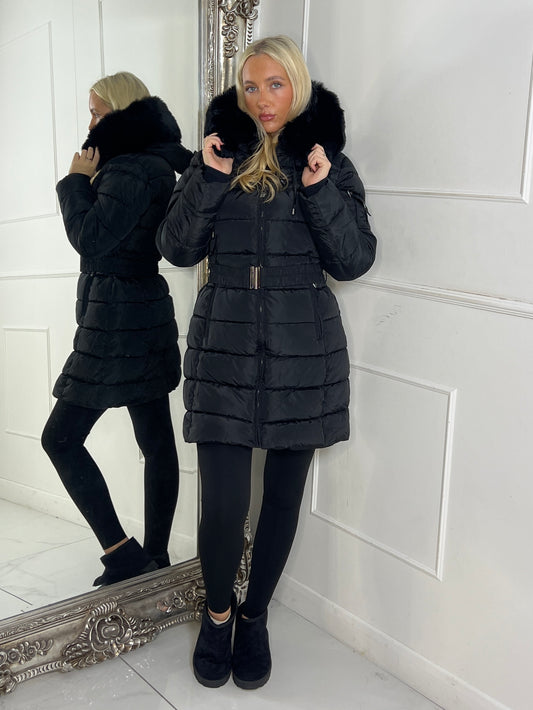 Long Padded Belted Coat With Faux Fur Hood - Black