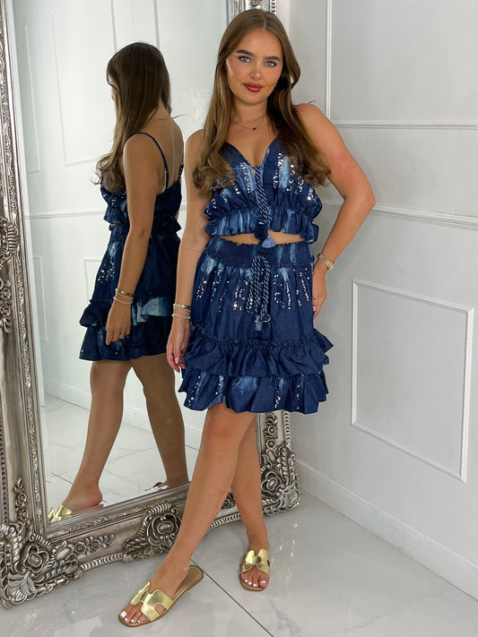 Denim Tie Die Tastle Detail Skirt & Top Co-Ord - Dark Denim